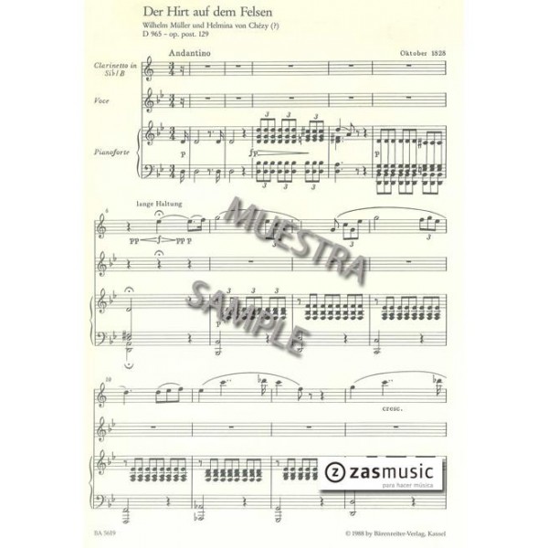 Schubert, Franz (1797-1828): The Shepherd on the Rock for Voice, Clarinet and Piano D 965 - op. post. 129