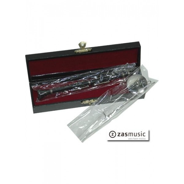 Clarinete en miniatura con soporte y caja para guardarlo.