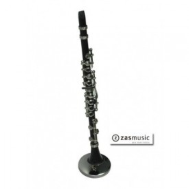 Clarinete en miniatura con soporte y caja para guardarlo.