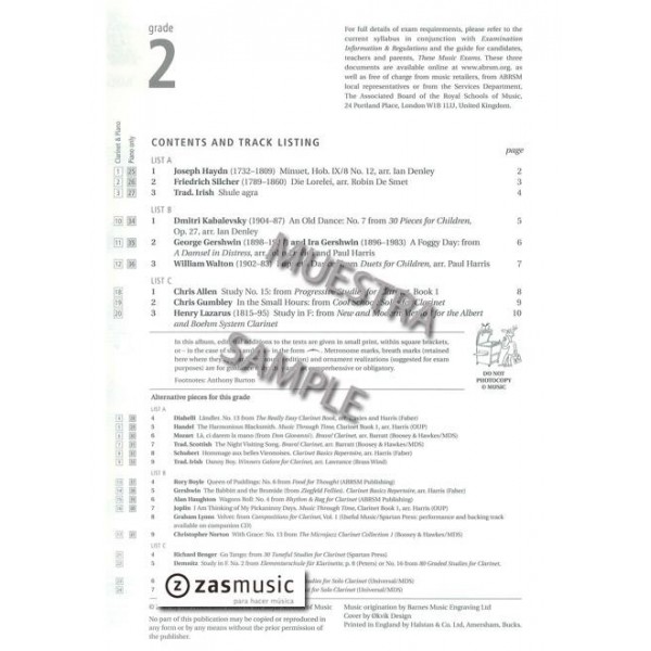 Selected Clarinet exam pieces