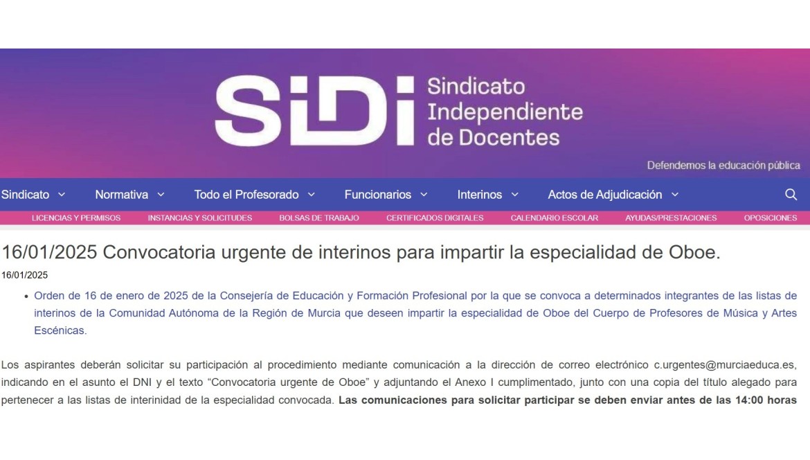 Convocatoria urgente de interinos para impartir la especialidad de Oboe
